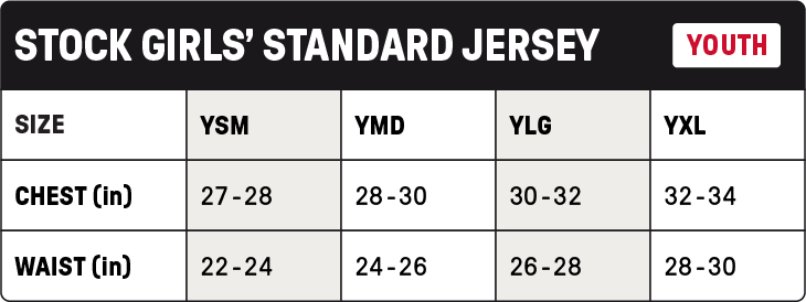 Stock Girl's Standard Jersey Size Chart
